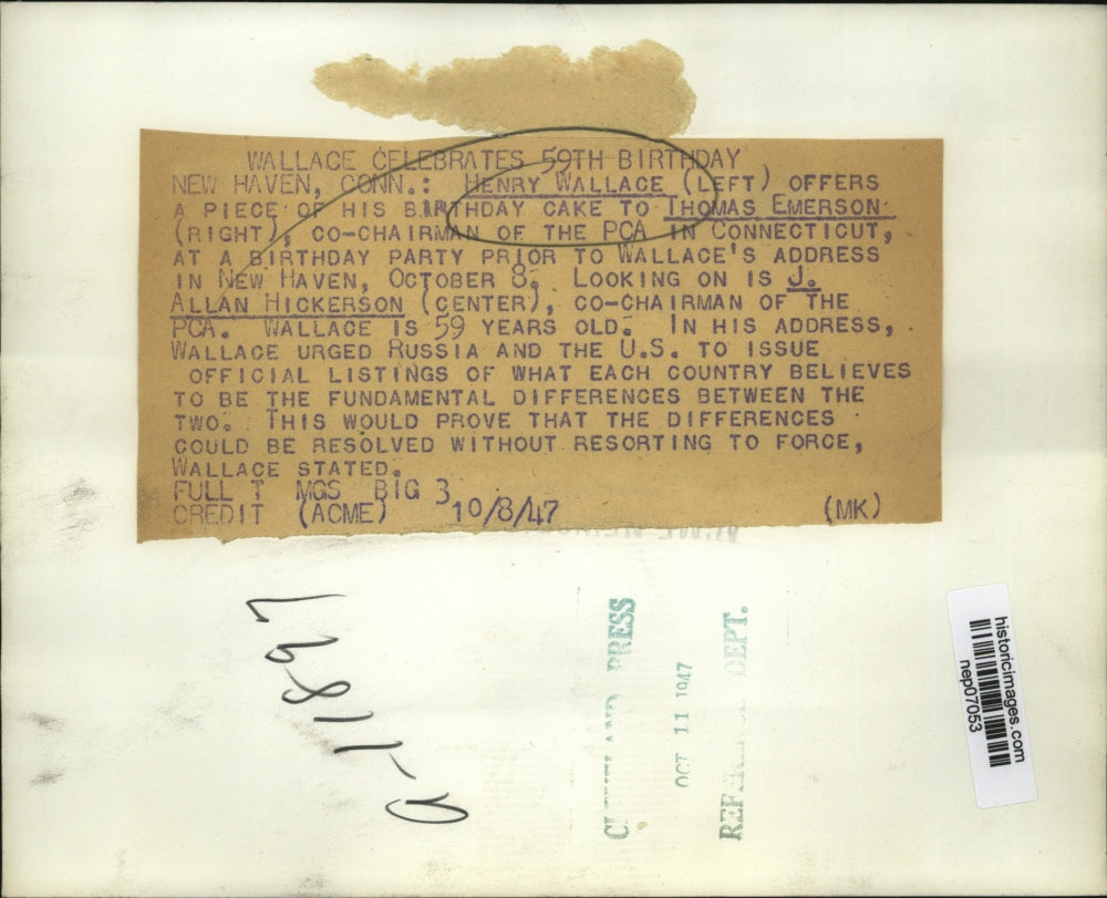 1947 Press Photo Agriculture Secretary Henry Wallace ,Thomas Emerson - nep07053