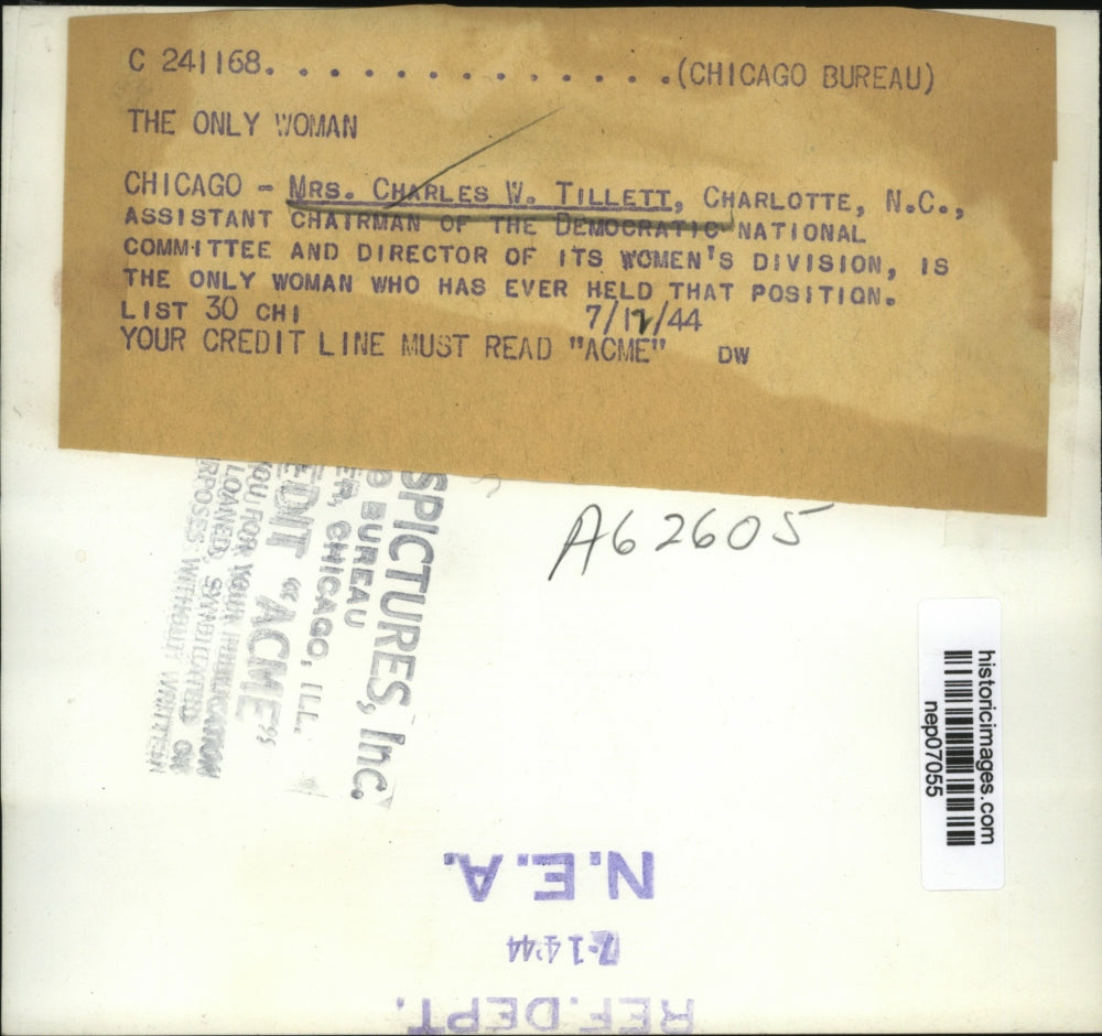 1944 Press Photo Mrs Charles Tillett asst chair Democratic National Committee