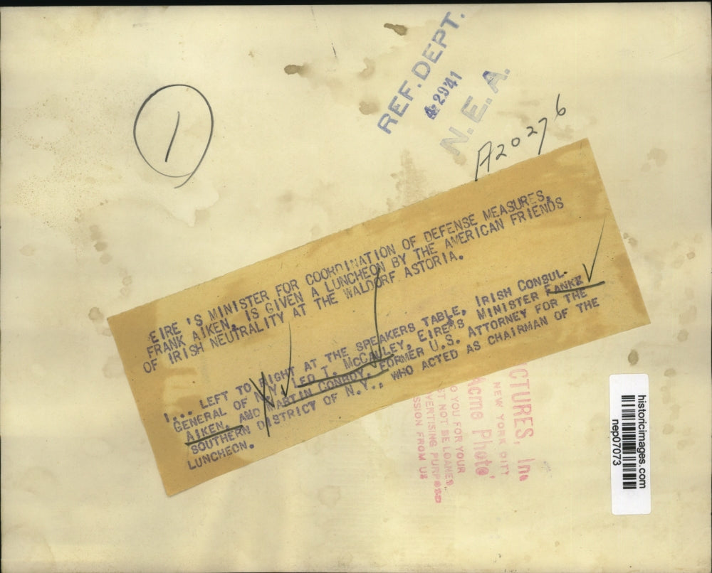 1941 Press Photo Eire's Minister for Coordination of Defense at Waldorf Astoria