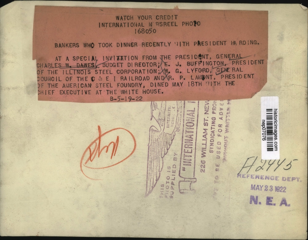 1922 Press Photo President Warren Harding Invites Bankers to White House Dinner