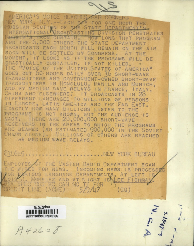 1947 Press Photo Lee Fishman, Lois Moralez Master Radio Department Employees