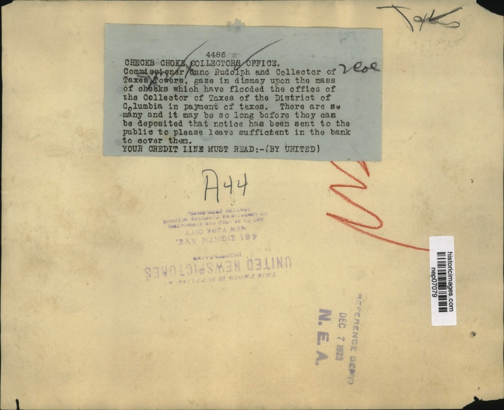 1929 Press Photo Commissioner Rudolph, Collector of Taxes Towers Office Mess