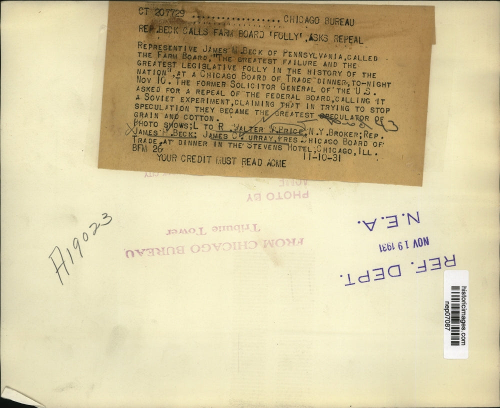 1931 Press Photo James Beck Rep of Pennsylvania Asks Repeal of Farm Board