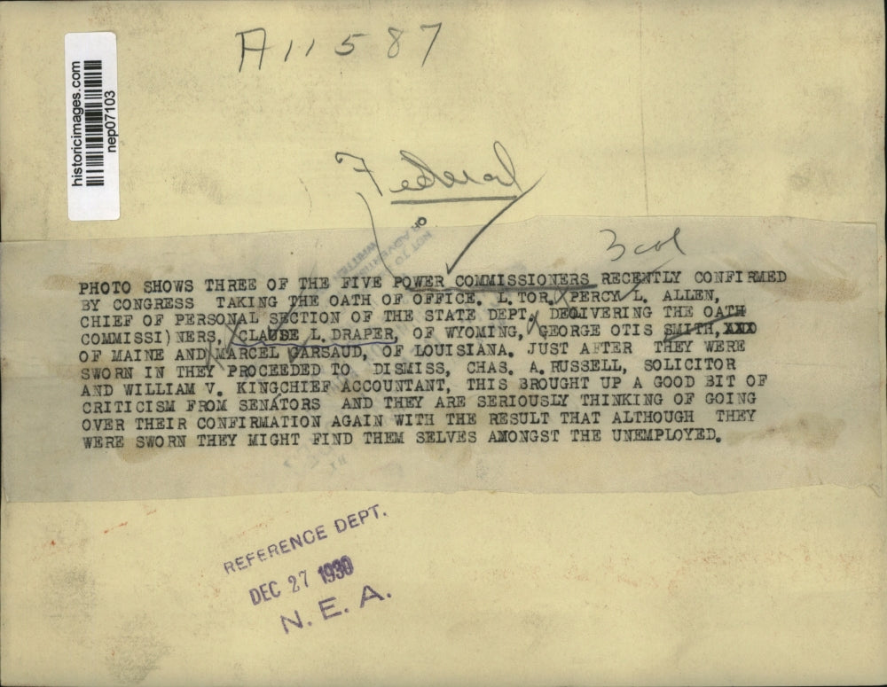 1930 Press Photo Federal Power Commissioners Taking Oath of Office - nep07103