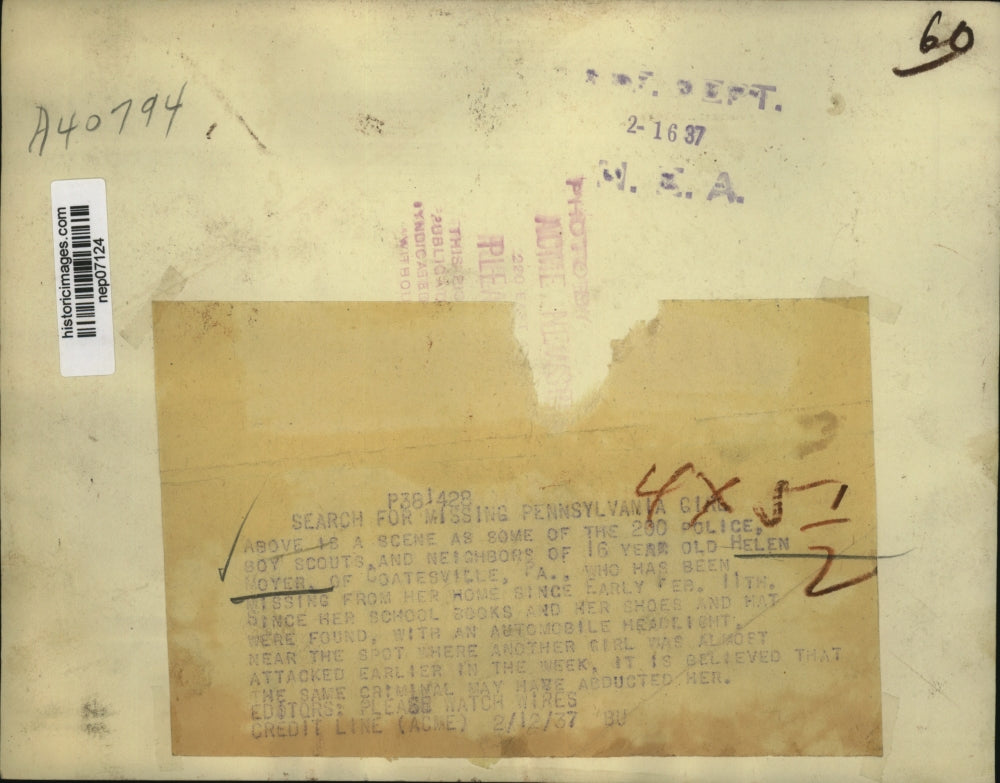 1937 Press Photo Search for 16-Year-Old Helen Moyer, Missing from Her Home in PA