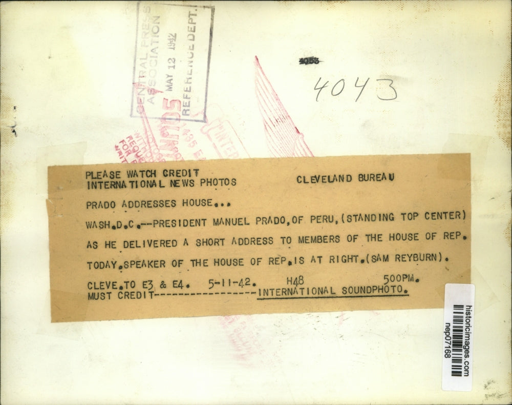 1942 Press Photo President Manuel Prado of Peru at House of Representatives