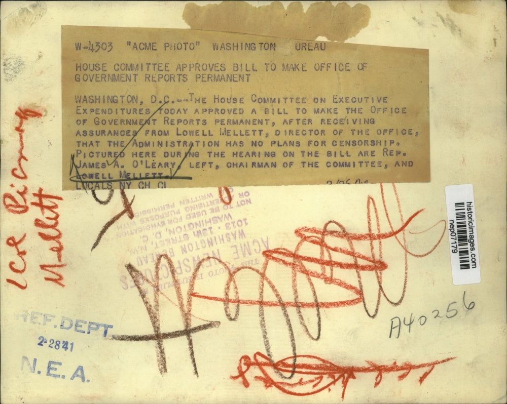 1941 Press Photo James A. O'Leary, Lowell Mellett at House committee Meeting