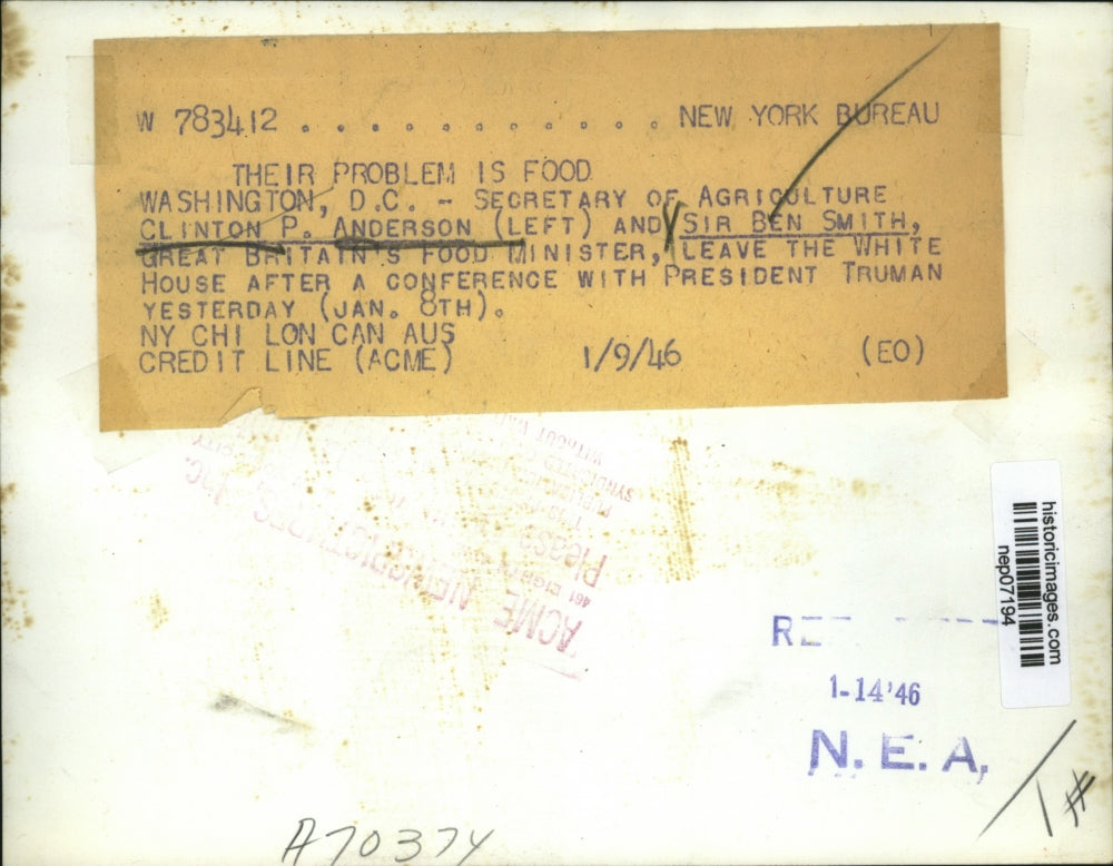 1946 Press Photo Clinton P. Anderson & Sir Ben Smith at White House - nep07194