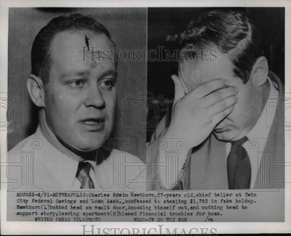 1954 Press Photo Charles Edwin Hawthorn, Attempted Bank Robbery, Minneapolis