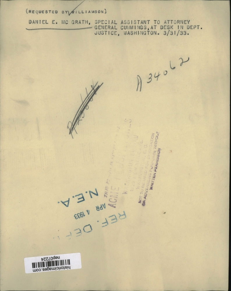 1933 Press Photo Daniel E McGrath special asst to Attorney General Cummings