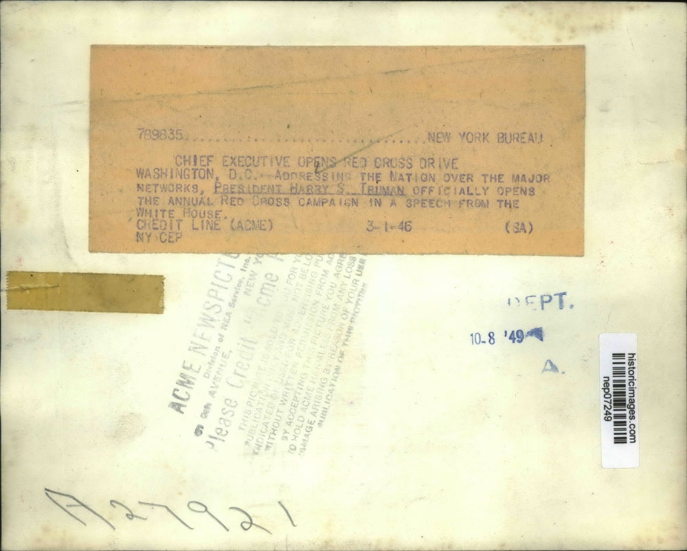 1946 Press Photo President Harry Truman Opens Red Cross Drive from White House