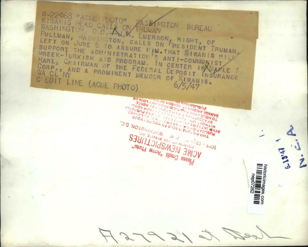 1947 Press Photo President Truman, JW Emerson, & Marle Harl of Fed Deposit Insua