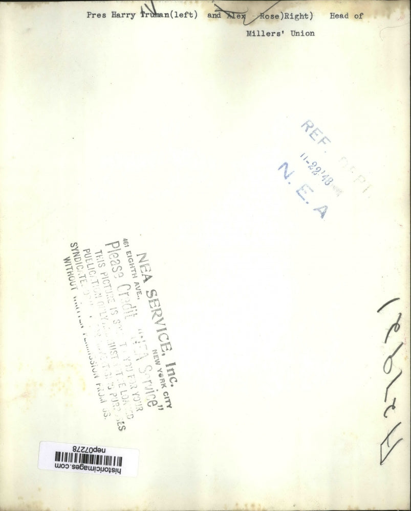 1948 Press Photo President Harry Truman, Alex Rose of Millers' Union - nep07278