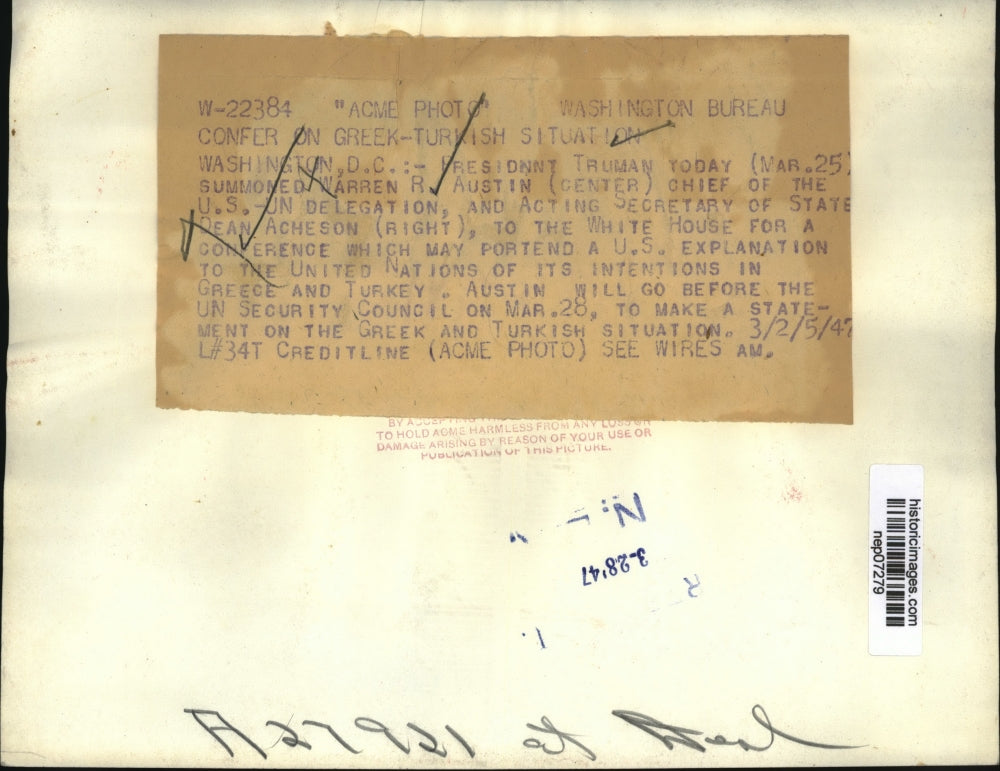 1947 Press Photo President Harry S. Truman, Warren Austin & Dean Acheson