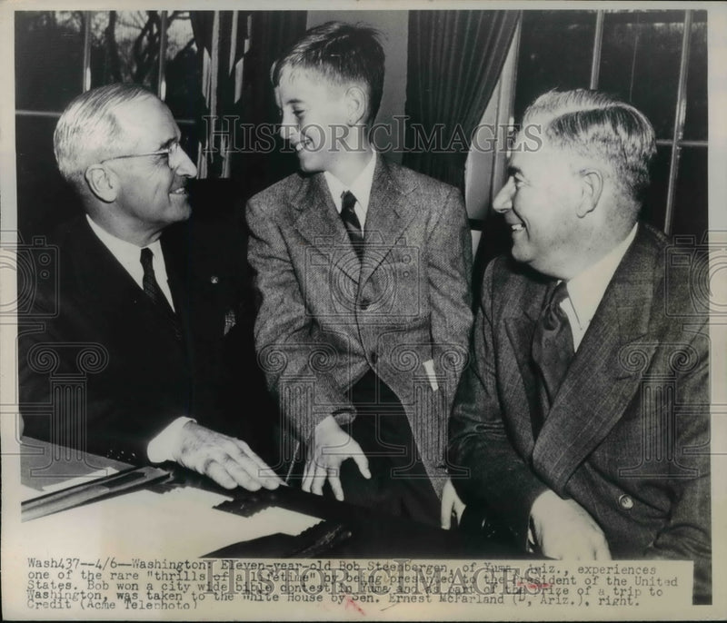 Load image into Gallery viewer, 1948 Press Photo President Harry S. Truman &amp; Contest Winner Bob Steenbergen
