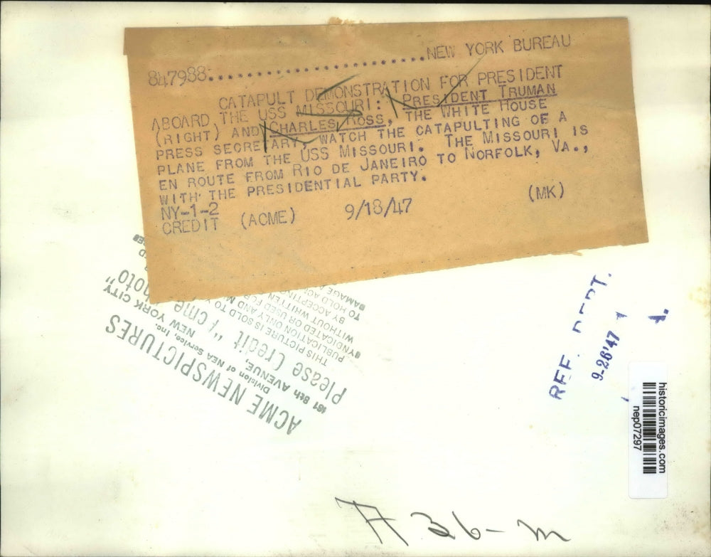 1947 Press Photo President Harry S. Truman, Charles Ross Aboard USS Missouri