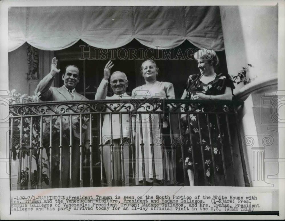 1949 Press Photo Harry S. Truman, Wife Bess, Romula Gallegos at White House