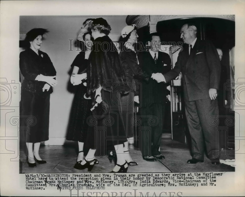 1952 Press Photo Harry S. Truman & Wife Bess at DNC Reception, Mayflower hotel
