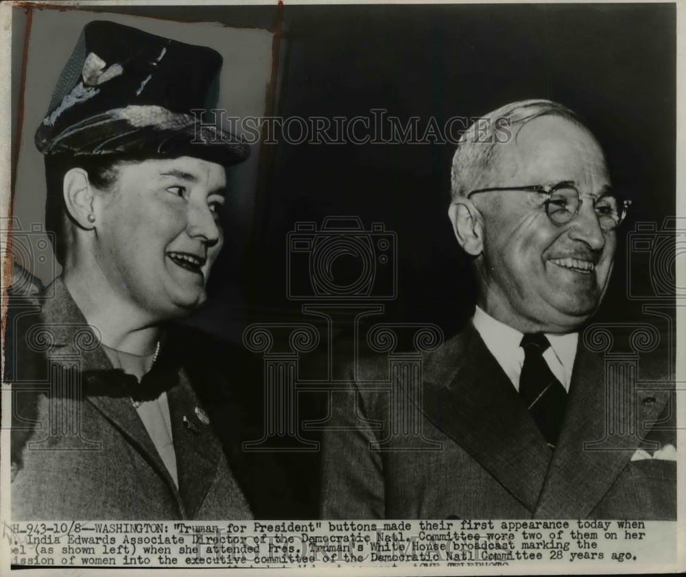 1947 Press Photo Harry S. Truman & india Edwards at White House broadcast