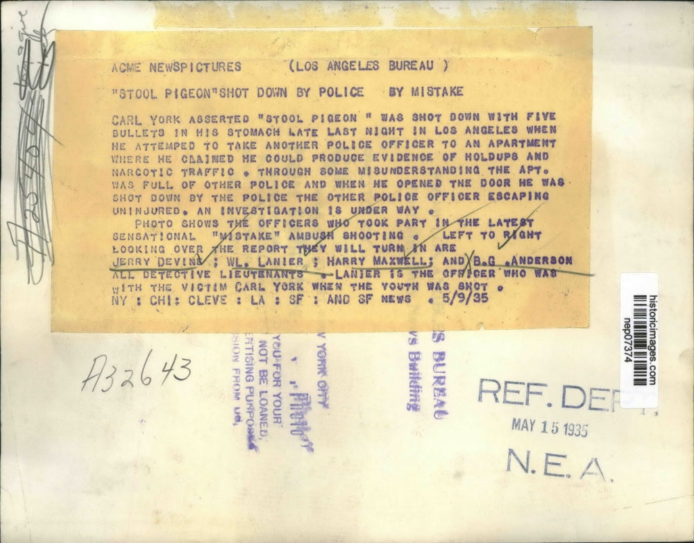 1935 Press Photo Officers Who By Mistake Shot Stool Pigeon 5 Times & Killed Him