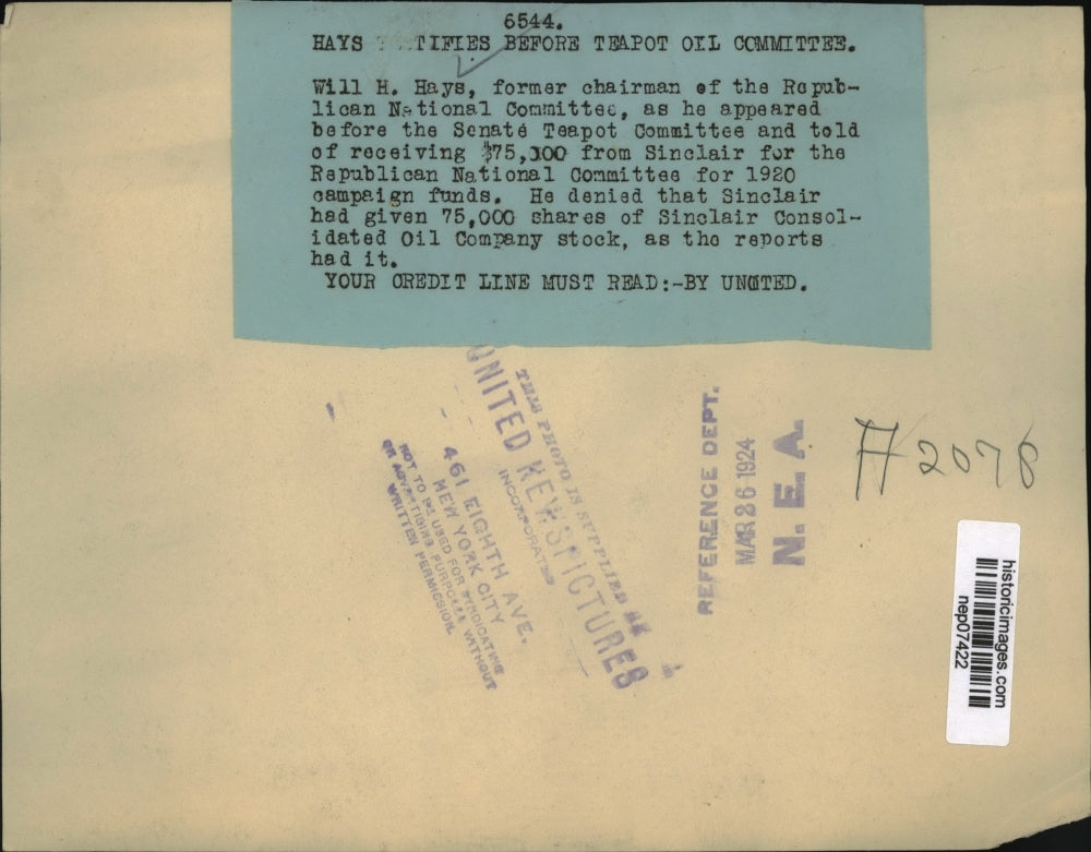 1924 Press Photo Will Hays Testifies in Senate Teapot Committee - nep07422