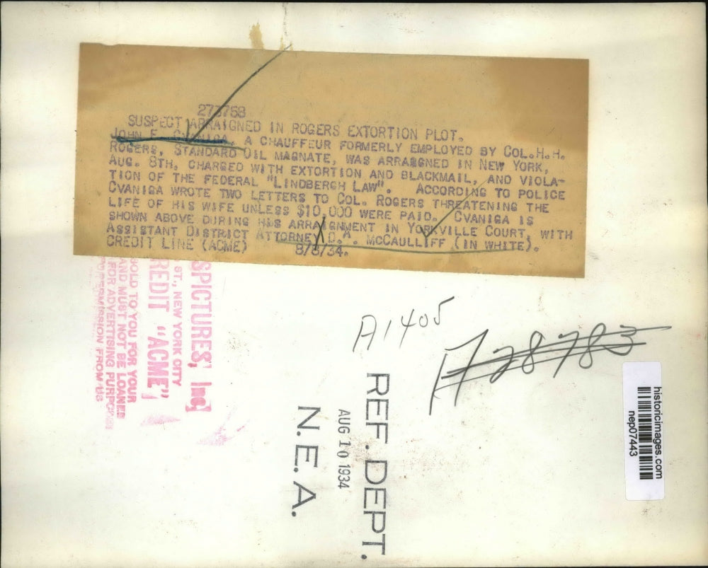 1934 Press Photo John Cvaniga Arraigned in New York for Rogers Extortion Plot