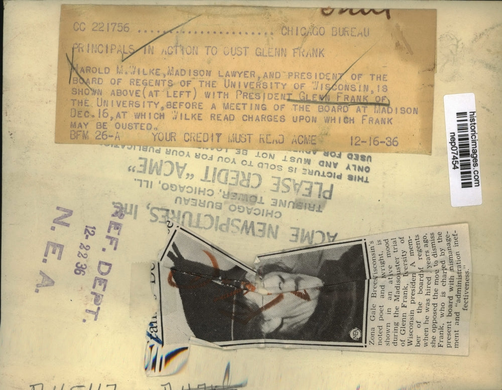 1936 Press Photo Harold Wilke, Glenn Frank in Board of Regents, U of Wisconsin