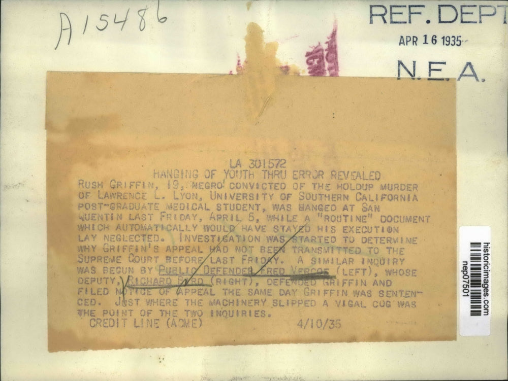 1935 Press Photo Fred Vercoe, Richard Bird Defend Rush Griffith after Hanging