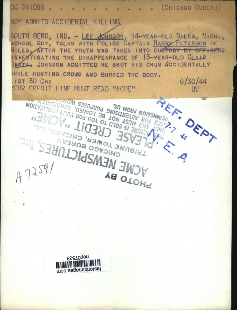 1944 Press Photo Lee Johnson Admits Shooting Friend to Capt Harry Peterson