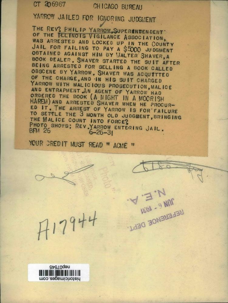 1931 Press Photo Philip Yarrow Arrested for Failing to Pay $5000 Judgment