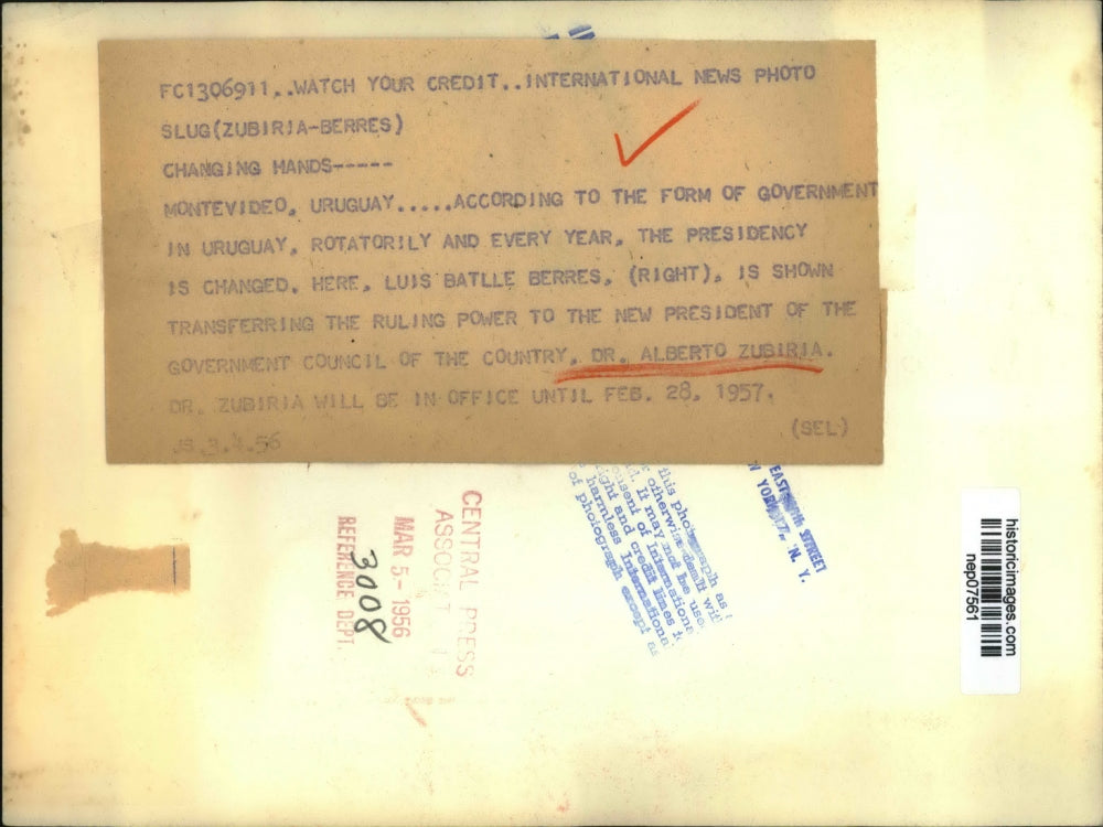 1956 Press Photo Luis Batlle Berres Transerring Ruling Power to New President