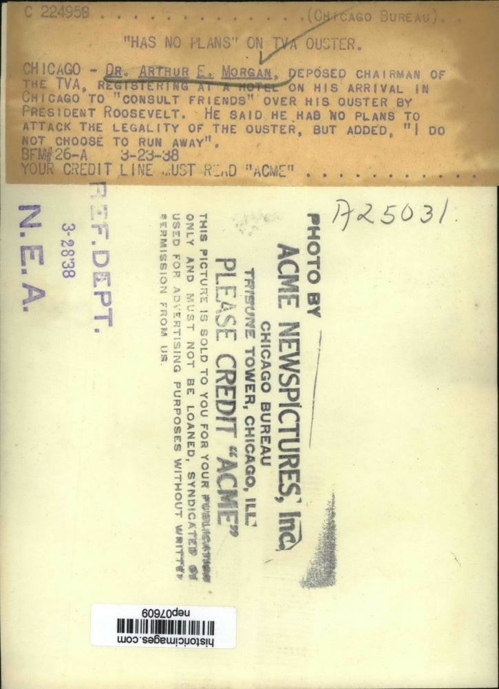 1938 Press Photo Dr Arthur E Morgan deposed chairman of the TVA - nep07609