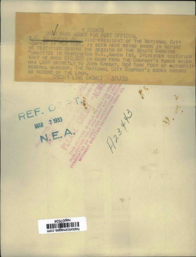 1933 Press Photo R.C. Sylvester Jr Sworn in Before Testimony During Senate Comm