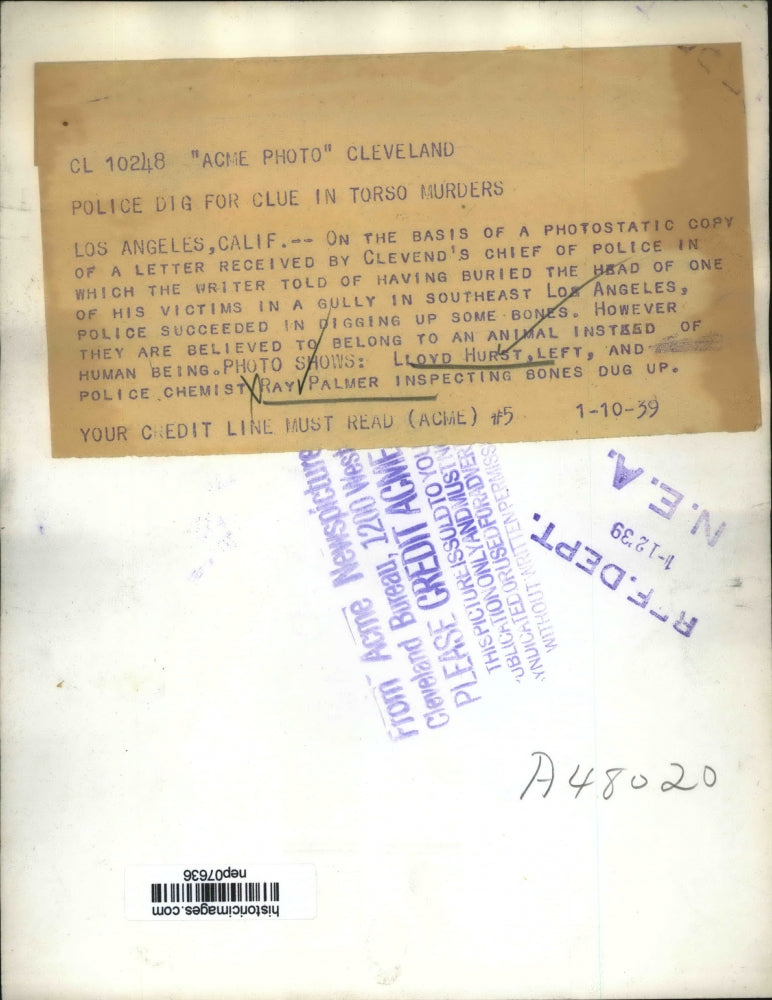 1939 Press Photo Lloyd Hurst & Police Chemist Ray Palmer Inspecting Bones Dug Up