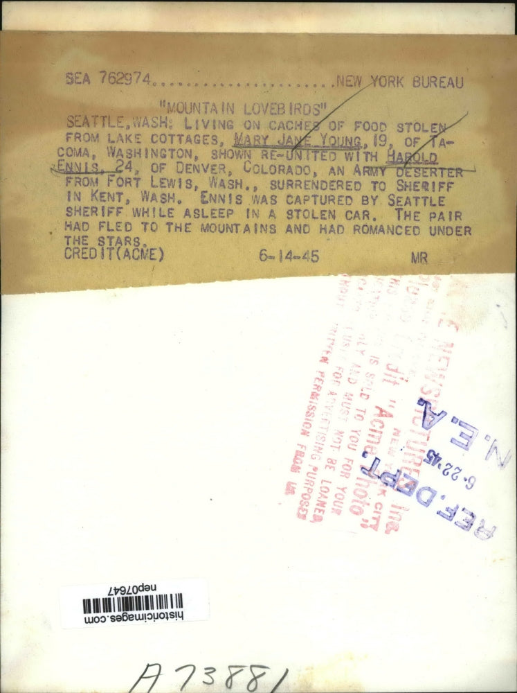 1945 Press Photo Fugitive Mary Jane Young & Army Deserter Boyfriend Harold Ennis