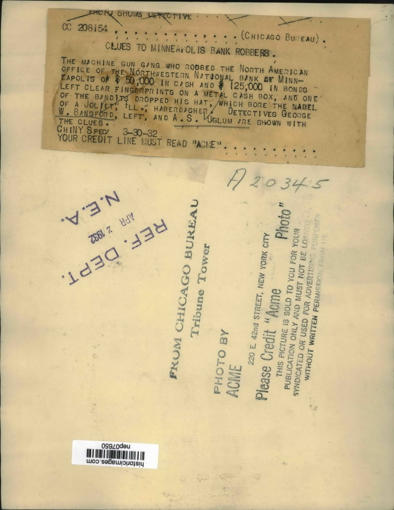 1932 Press Photo George Bansford, A.S. Uglum, Minneapolis Bank Robbery Detective