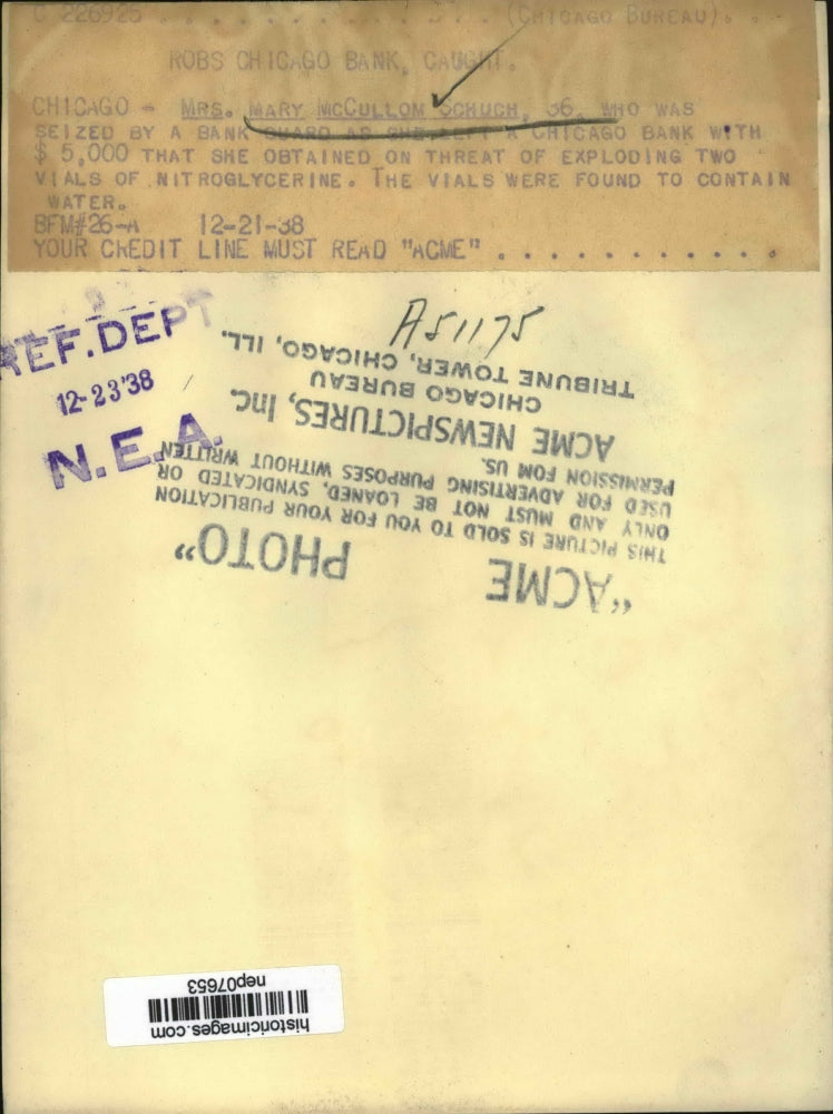 1938 Press Photo Mary McCullon Schuch, Chicago Nitroglycerine Bank Robber