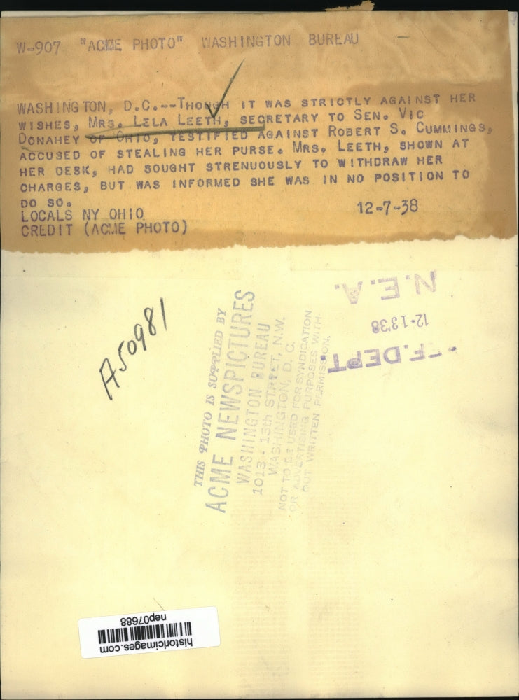 1938 Press Photo Lela Leeth, Accused Robert S. Cummings of Stealing Her Purse