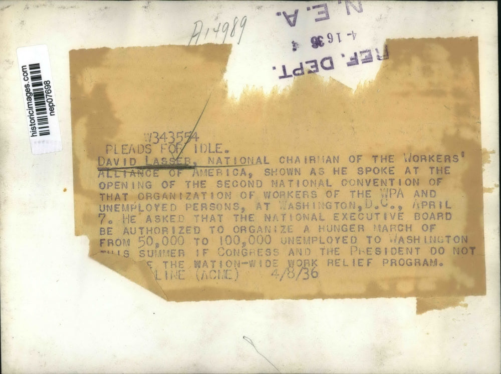 1936 Press Photo David Lasser Pleads National Work Relief Program Washington DC