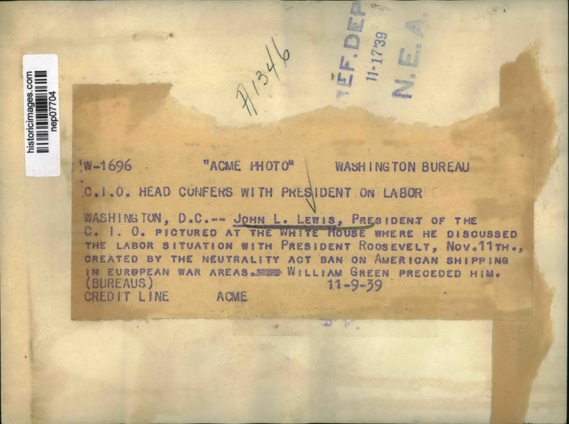 Load image into Gallery viewer, 1939 Press Photo John Lewis discussed Labor Situation, Roosevelt, White House
