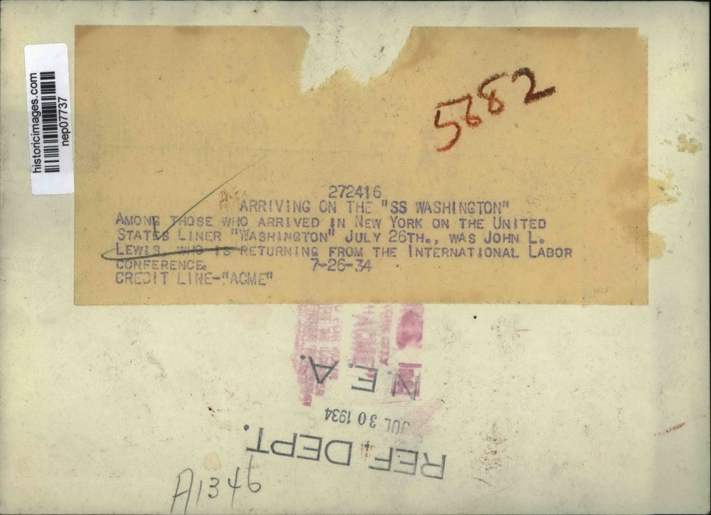 1934 Press Photo John L Lewis Arrives in New York aboard SS Washington