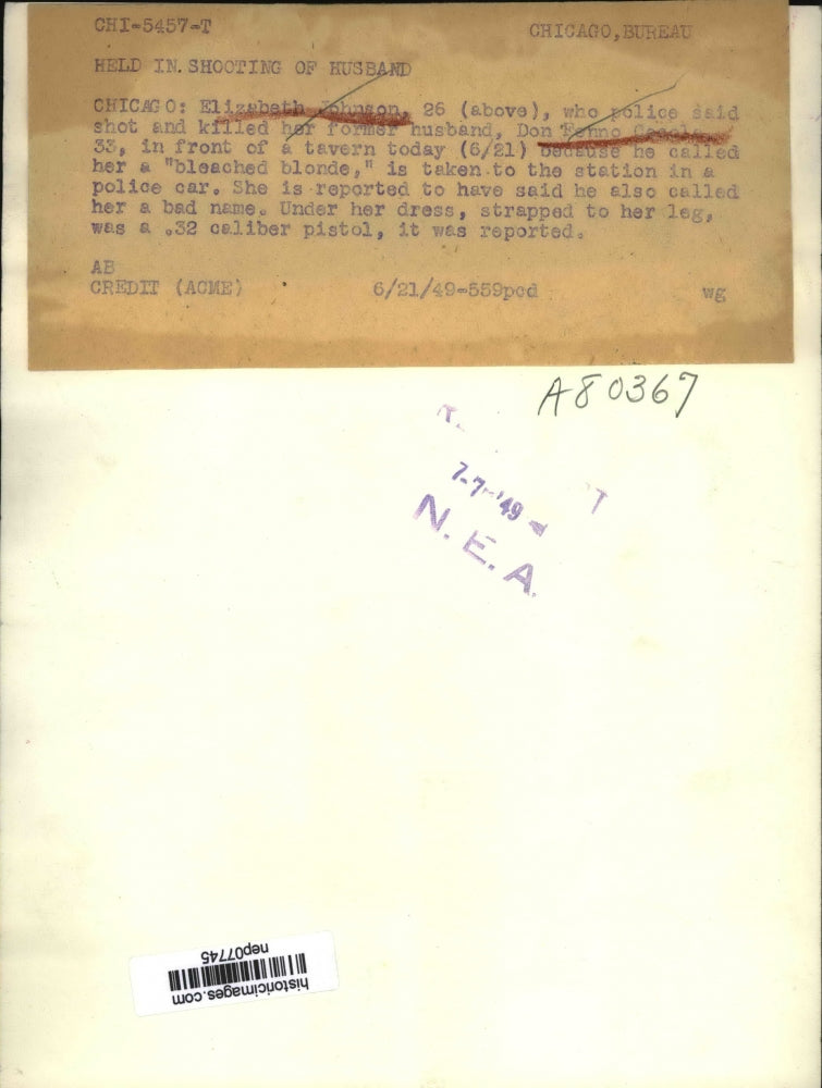 1949 Press Photo Elizabeth Johnson Held in Husband's Murder, Chicago - nep07745