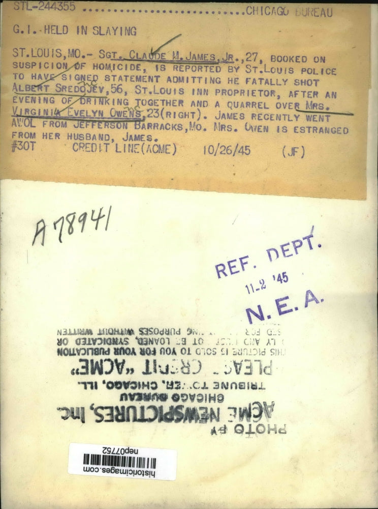 1945 Press Photo Sergeant Claude James Jr., Murder Suspect & Wife Virginia Owens