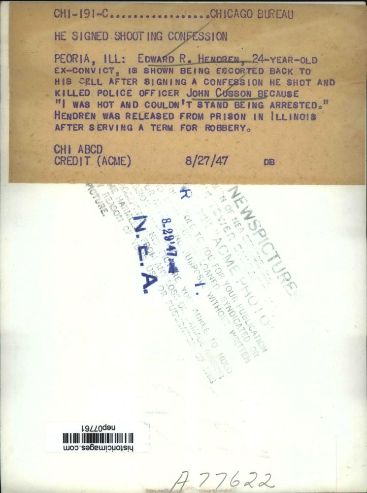 1947 Press Photo Edward R. Hendren, Confessed Murder John Cusson, Illinois