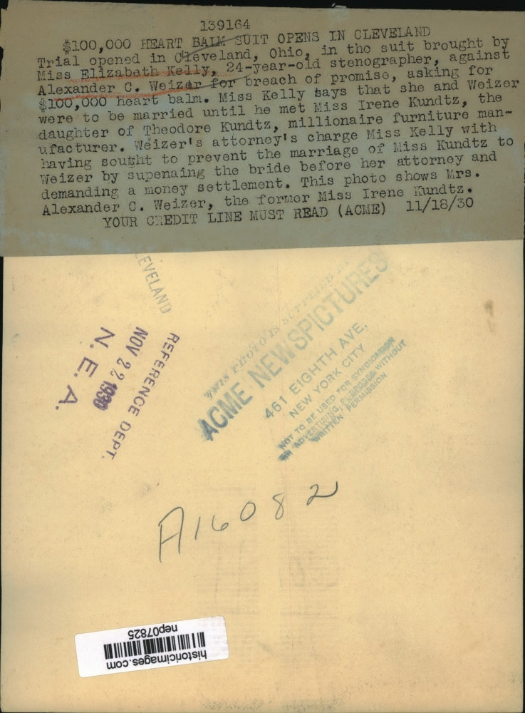 1930 Press Photo Elizabeth Kelly Files Suit against Alexander Weizer, Cleveland