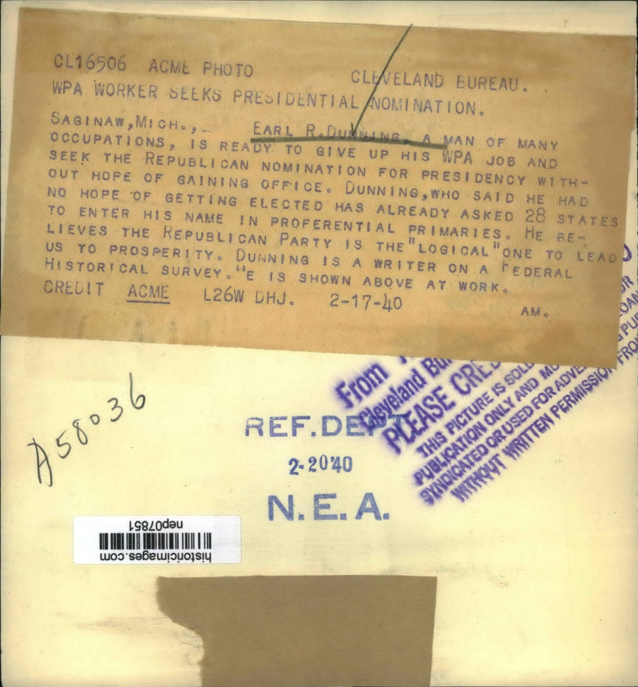 1940 Press Photo Earl R Dunning WPA Worker Seeks Presidential Nomination