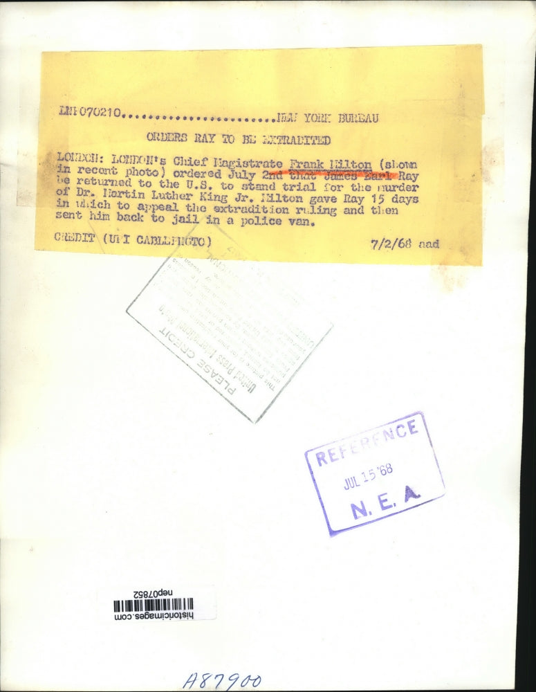 1968 Press Photo Chief Magistrate Frank Milton Order James Earl Ray Return to US