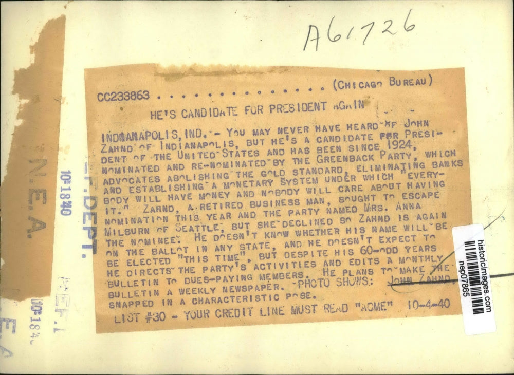 1940 Press Photo Presidential Candidate John Zahnd of Indianapolis - nep07865