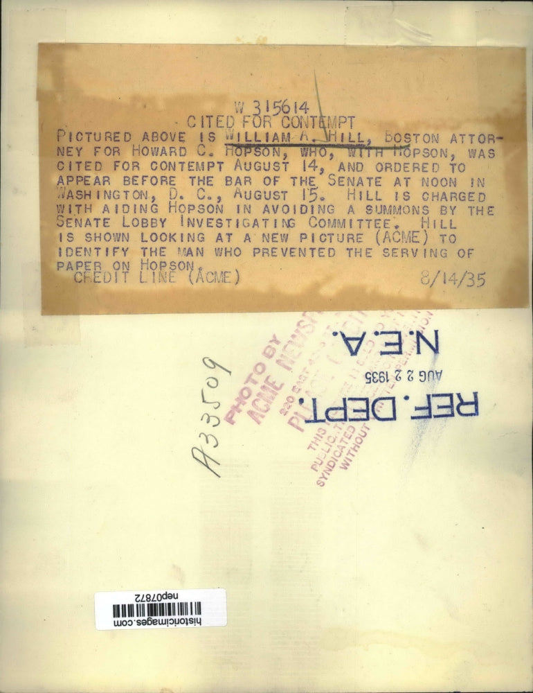 1935 Press Photo William A Hill atty for Howard Hopson at House hearing in DC