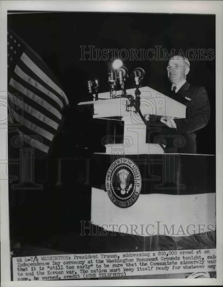 1951 Press Photo President Harry Truman Independence day speech in DC
